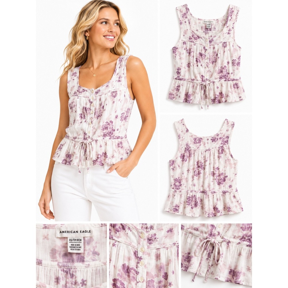 American Eagle Top XS Floral Peplum Boho Button Front Cottagecore Fairycore
